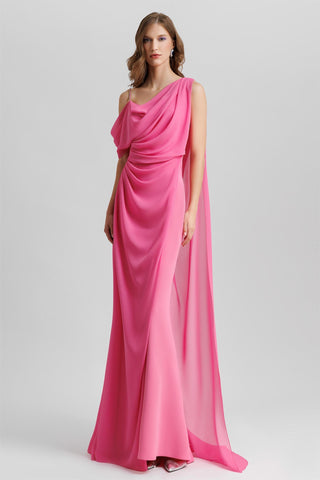 Satin Chiffon Cape Gathering  Maxi Dress