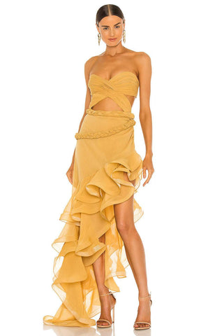 Vestido midi con abertura y bajo con volantes y cordones en amarillo 