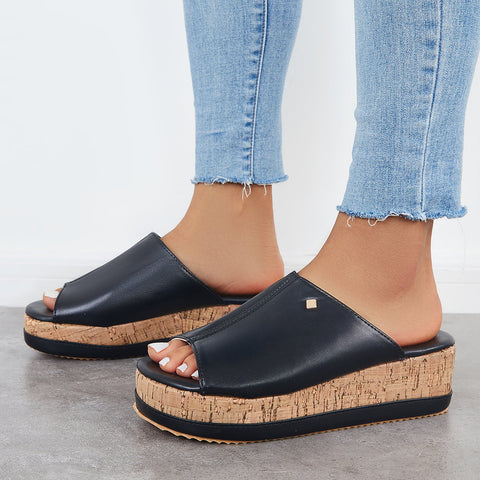 Bequeme Slip-on-Sandalen mit Korkfußbett und Plateau-Keilabsatz 