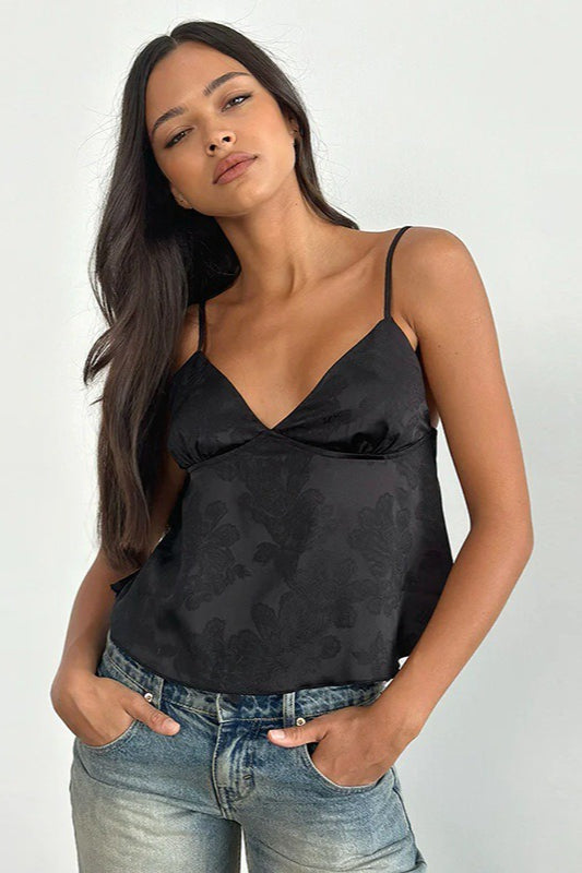 Minimal Deep V Solid Floral Jacquard Cami Top