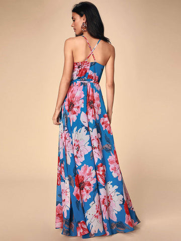 Vestido largo informal sin mangas con cuello en V y estampado floral 