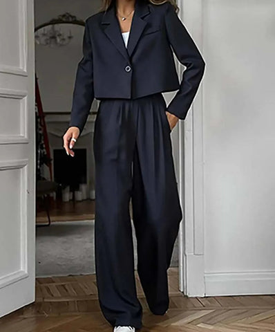 Schwarz-blaues Blazer-Zweiteiler-Set fürs Büro mit einem Knopf 