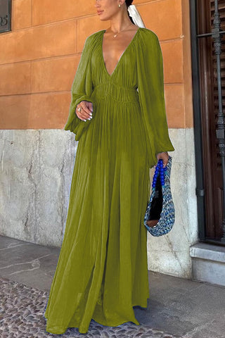 Vestido largo de gasa con cintura fruncida y fruncido 