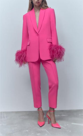 Conjunto de chaqueta y pantalón recto con decoración de plumas salvajes para mujer de otoño 