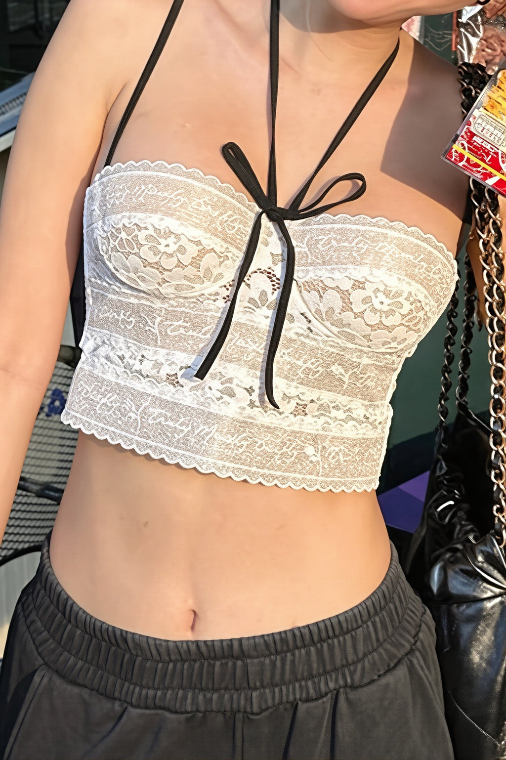 Tie Lace Slim Cropped Halter Top