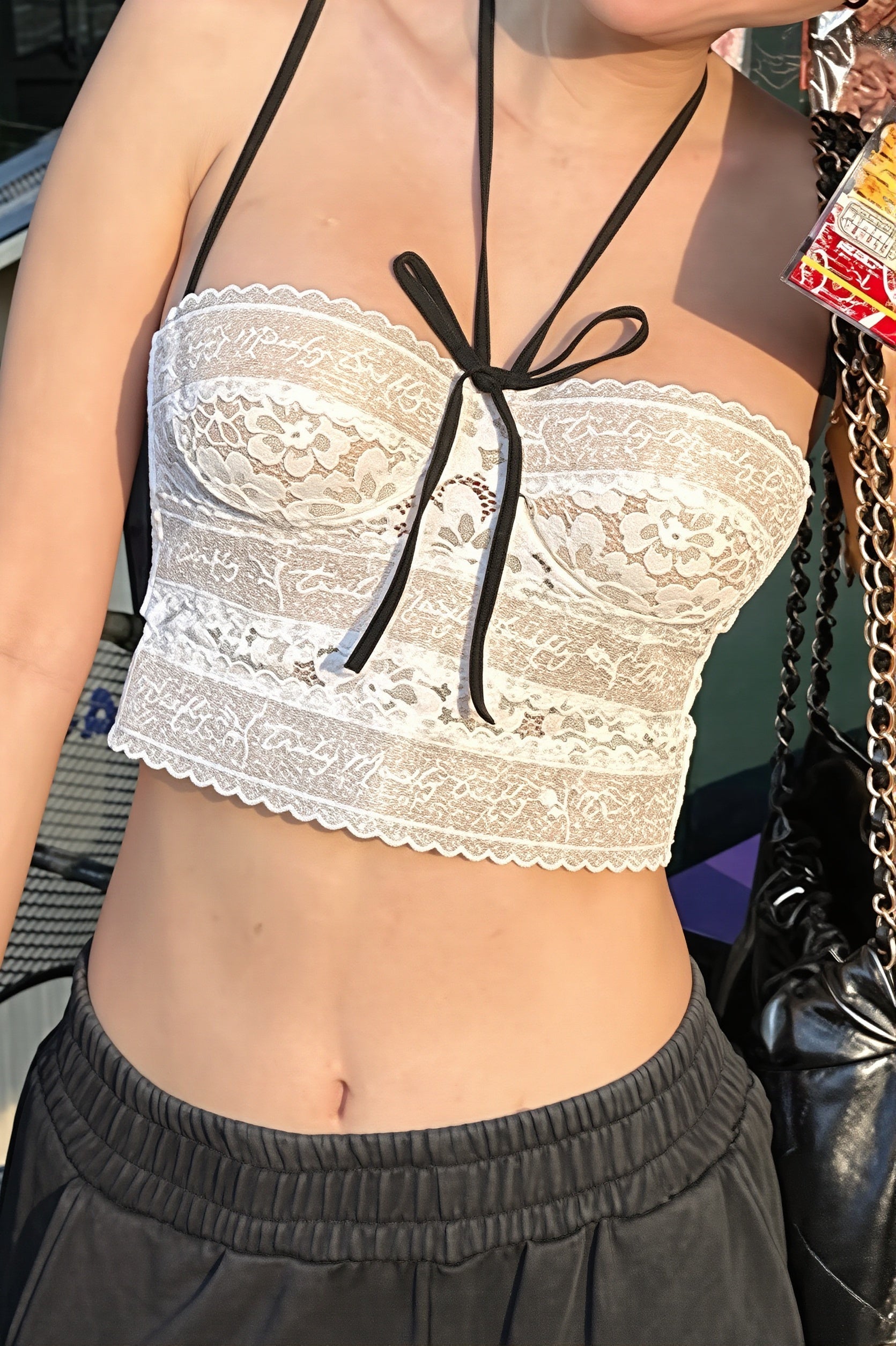 Tie Lace Slim Cropped Halter Top