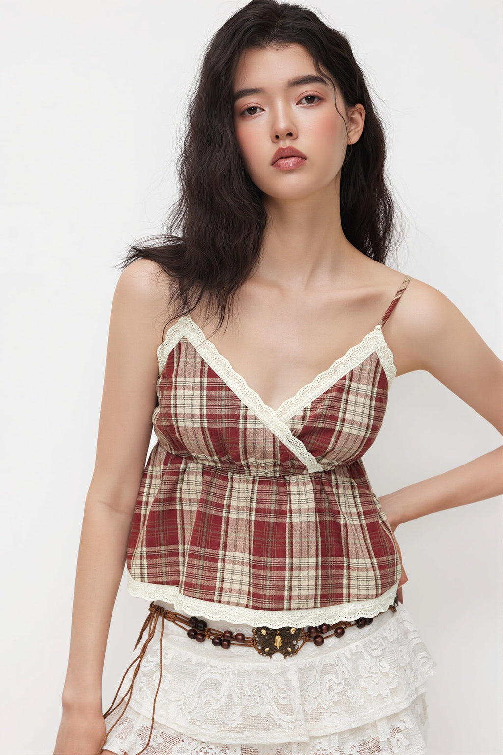 Plaid Lace Halter Tank Top