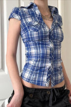 British Plaid Ruffled V Neck Puff Sleeve Blouse