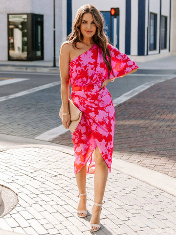 Summer Dress Oblique Shoulder Floral Print Pattern Backless Rose Red Beach Maxi Dress