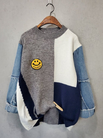 Denim Patchwork Long Sleeve Sweater