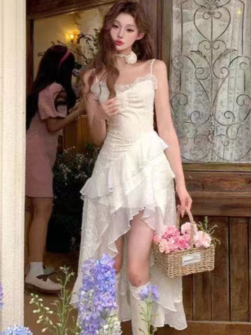 Vestido midi irregular con tirantes finos y volantes Y2K para mujer, novedad de verano, ajustado, estilo Fairycore, para fiesta de cumpleaños y graduación 