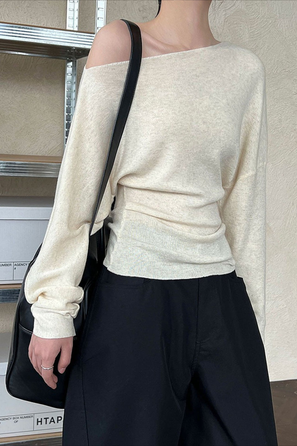 Waist Defining Asymmetric Shoulder Knit Top