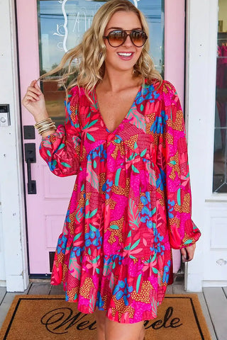 rose floral v neck bubble sleeve mini dress