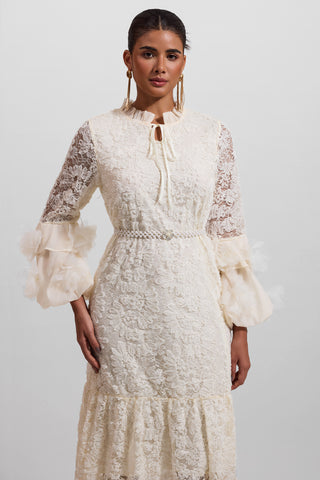 Vestido midi de encaje floral 3D liso con cinturón de perlas falsas 