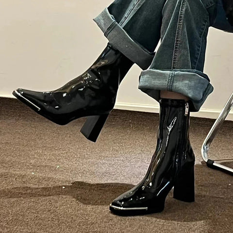 Botines sexis con punta cuadrada para mujer, zapatos de tacón alto gruesos, zapatos de invierno de moda 2024, botas Chelsea de diseñador, nuevos zapatos de mujer 