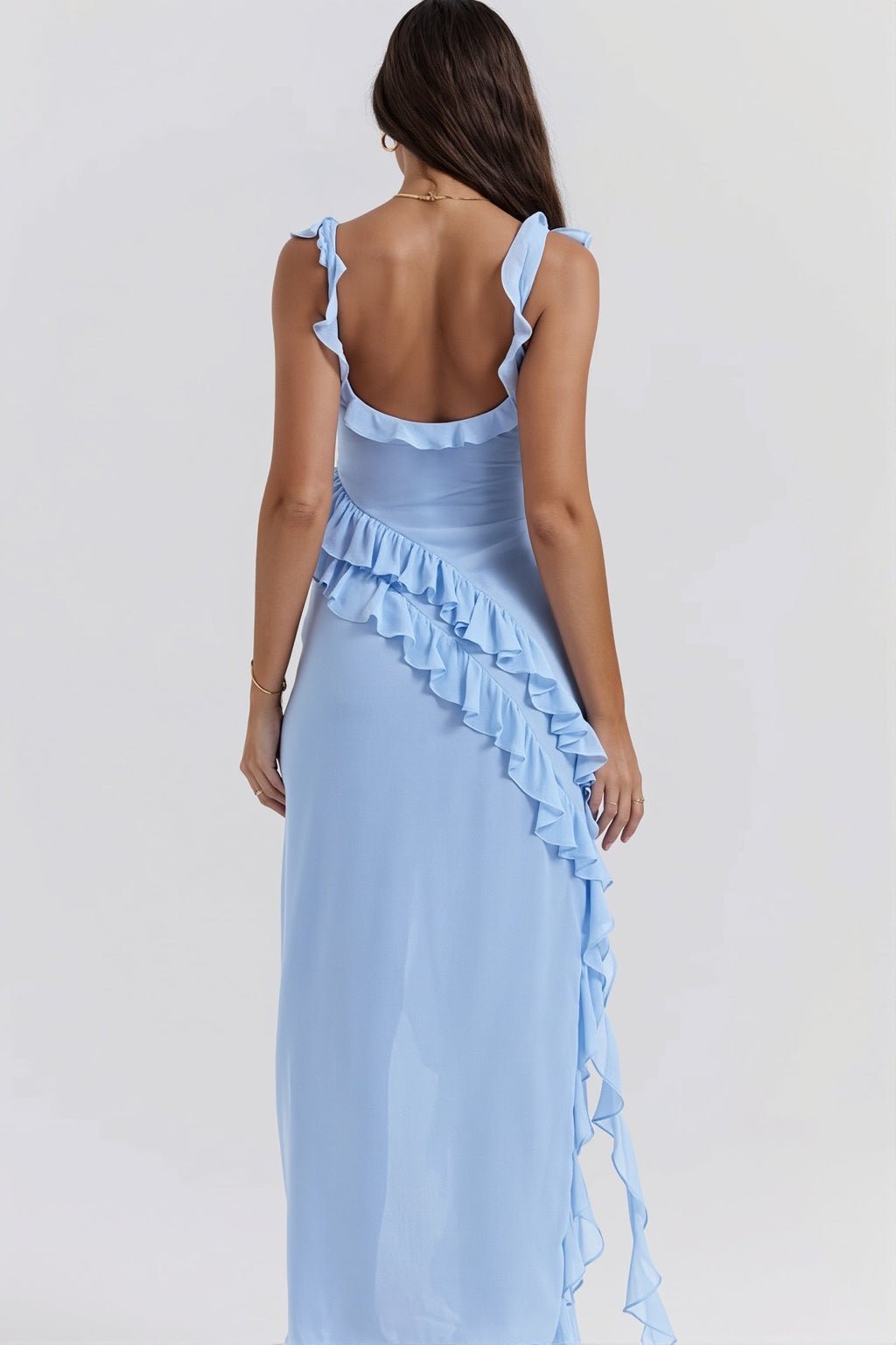 Ribbon Ruffle Splice Slit Maxi Dress