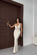 Sheer Halter Backless Maxi Dress