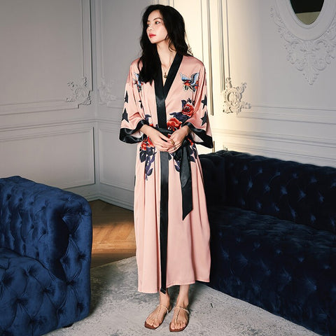Batas de satén para mujer, ropa de dormir sexy, bata de dama de honor de gasa con estampado de pájaro rosa, ropa de ocio, tops para dormir en casa, verano 2022 