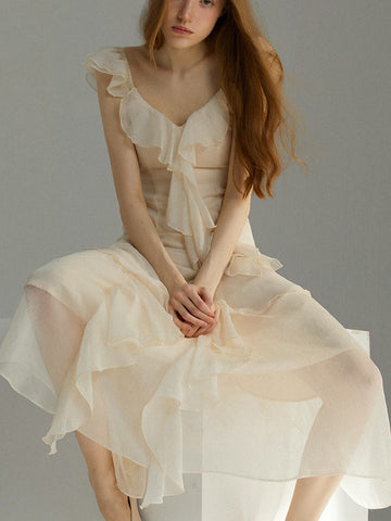 Vestido midi elegante francés con volantes para mujer, novedad de verano, sin mangas, cuello en V, estilo playero, corte en A, para fiesta y graduación 