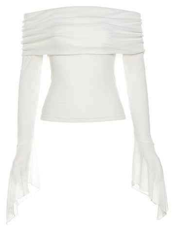 Camisetas de moda sencillas con estética Y2k para mujer, camisetas casuales lisas de manga larga con cuello oblicuo, camisetas vintage con hombros descubiertos y tendencia. 
