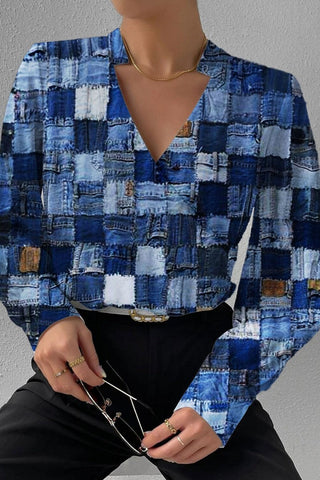 Lässige Patchwork-Blusen mit V-Ausschnitt und Print (6 Farben) 
