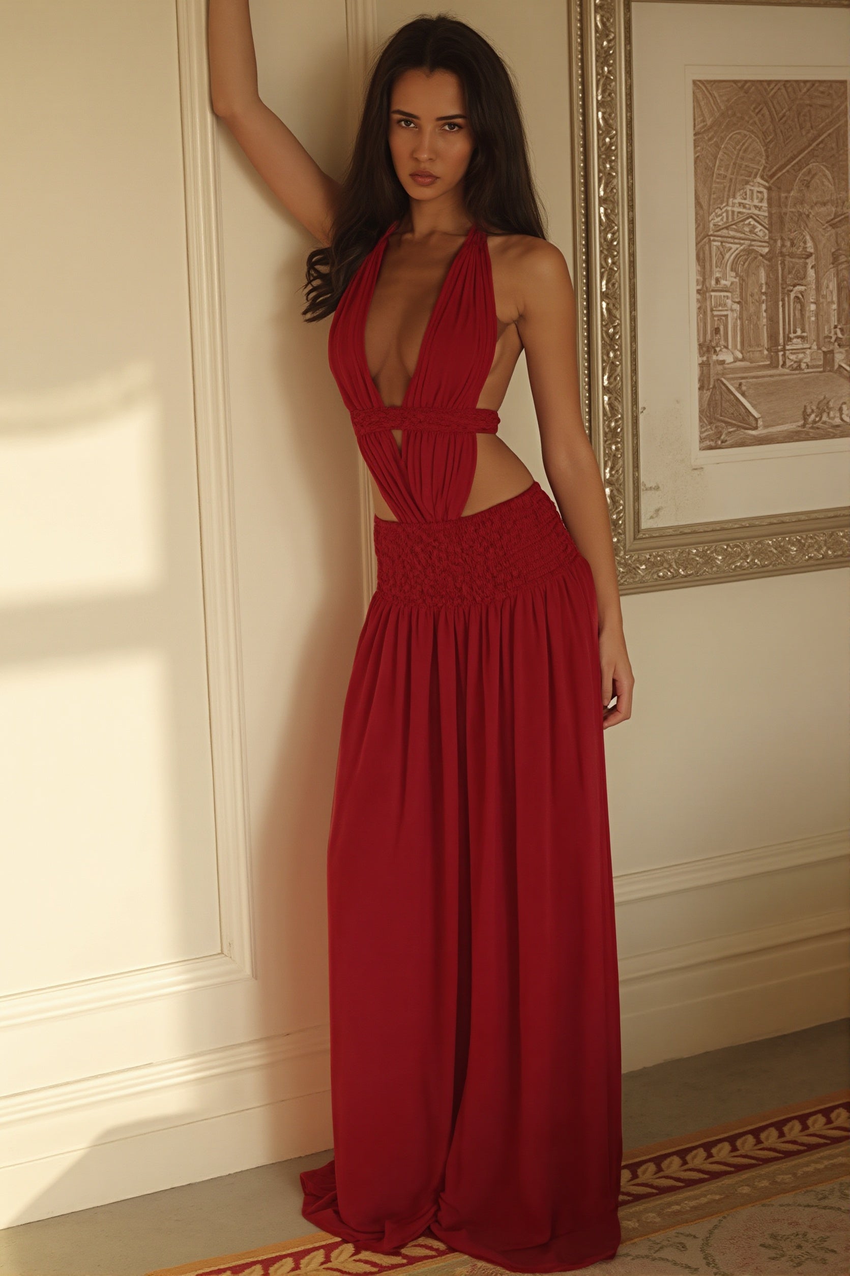Chic Lace Trim Halter Neck Open Back A Line Maxi Dress