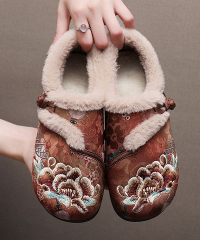 Zapatos planos con bordado de café retro y forro de lana afelpada 