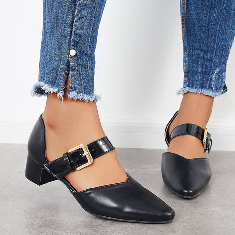 Block Low Heel Mary Jane Pumps Pointed Toe Buckle Dress Shoes