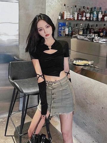 High Street Short Sleeve T-shirt Women Harajuku Summer Hollow Out Slim Design Ins Korean Style Above Navel Cropped Top All-match