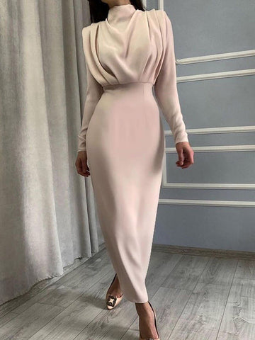Vestidos midi de talle alto, mangas largas, plisados, color liso y cuello alto 