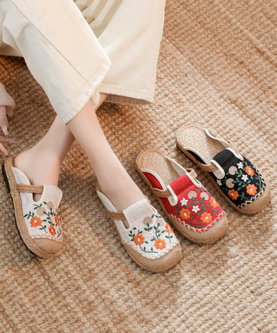 Boho Retro Black Linen Fabric Embroidery Slide Sandals