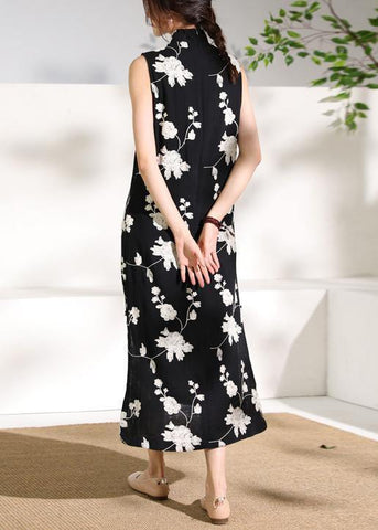 Beautiful black print cotton clothes stand collar side open cotton robes Dresses