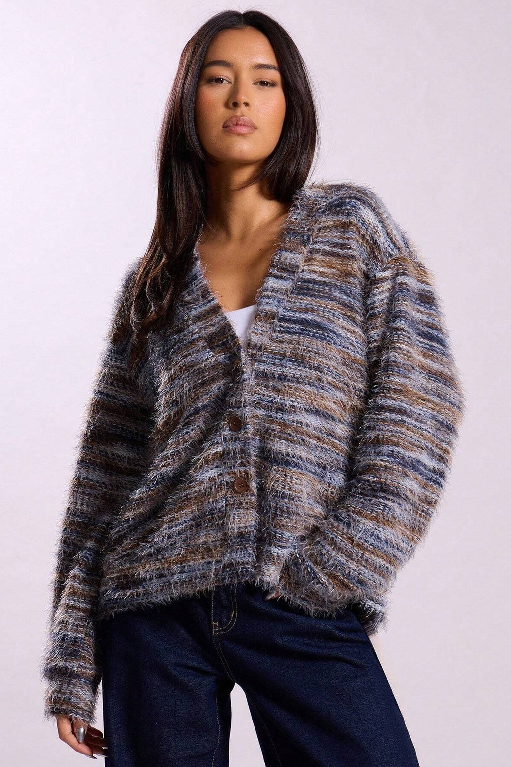 New Retro Fashion Deep V-Neck Maillard Plush Long-Sleeve Knit Cardigan