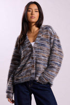 New Retro Fashion Deep V-Neck Maillard Plush Long-Sleeve Knit Cardigan