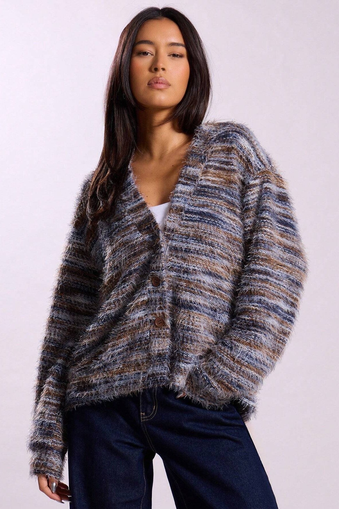 New Retro Fashion Deep V-Neck Maillard Plush Long-Sleeve Knit Cardigan