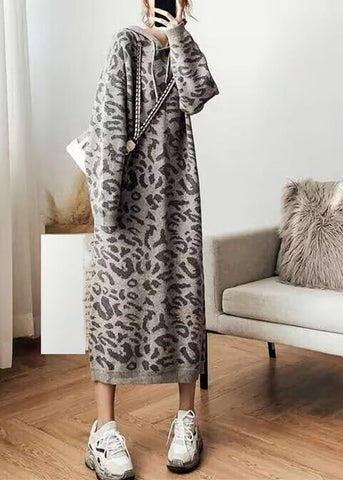 Vestido de suéter de punto con capucha acogedor de leopardo gris de moda para otoño 
