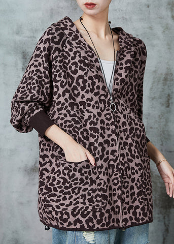 French Khaki Oversized Strickjacke mit Leopardenmuster Frühling 