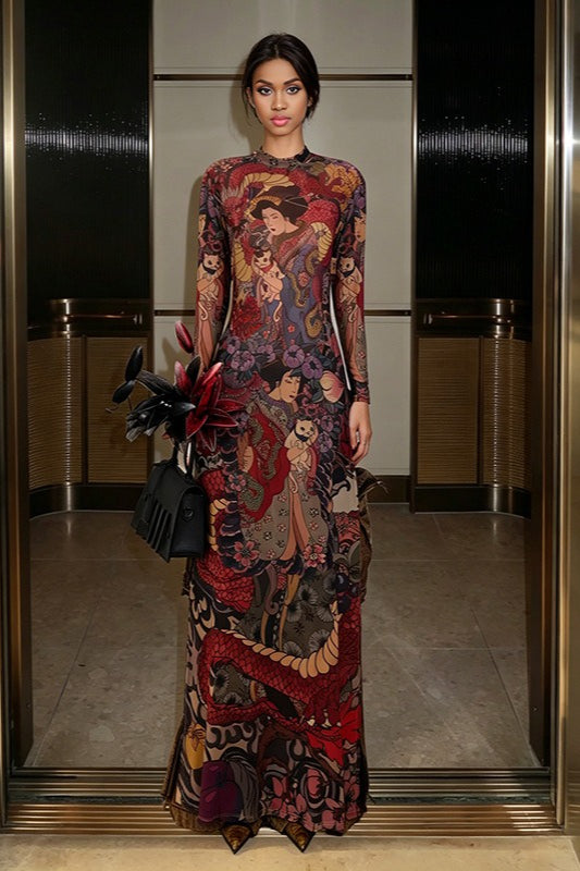 Round Neck Printed Waist Tie High Slit Maxi Dress