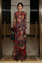 Round Neck Printed Waist Tie High Slit Maxi Dress