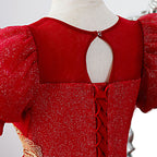 Mädchen-Weihnachtskleid, Baby-Kommunionskleid, luxuriöses rotes besticktes Prinzessinnenkleid für Hochzeiten und Partys 