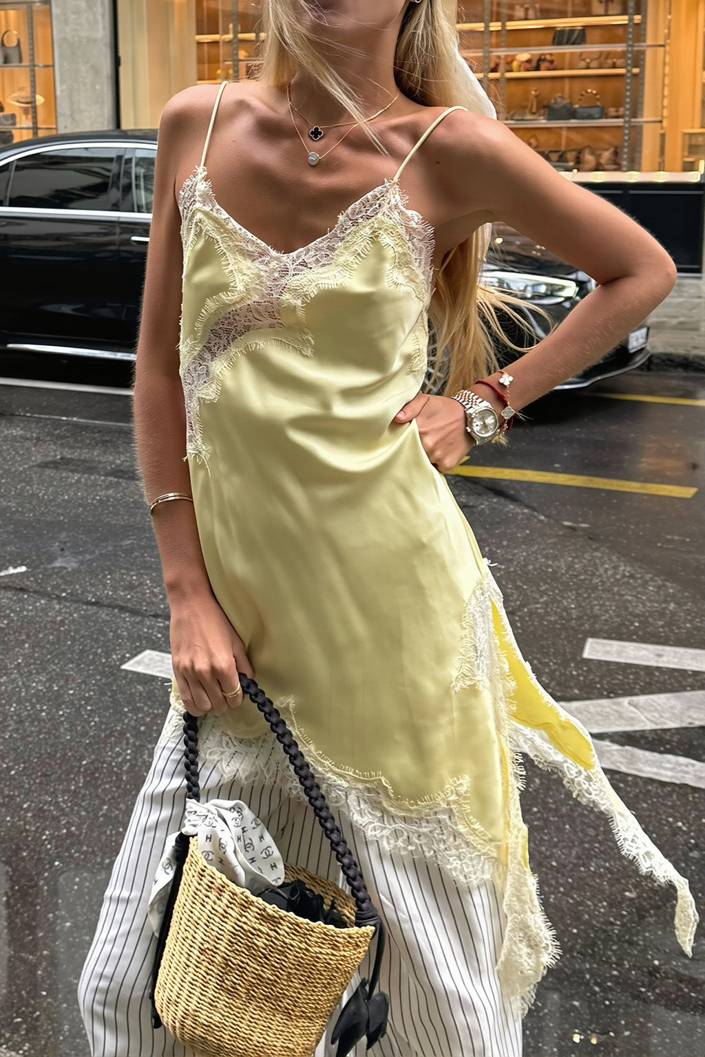 Satin Slip Dress Lace Panel Side Slit Cami Top