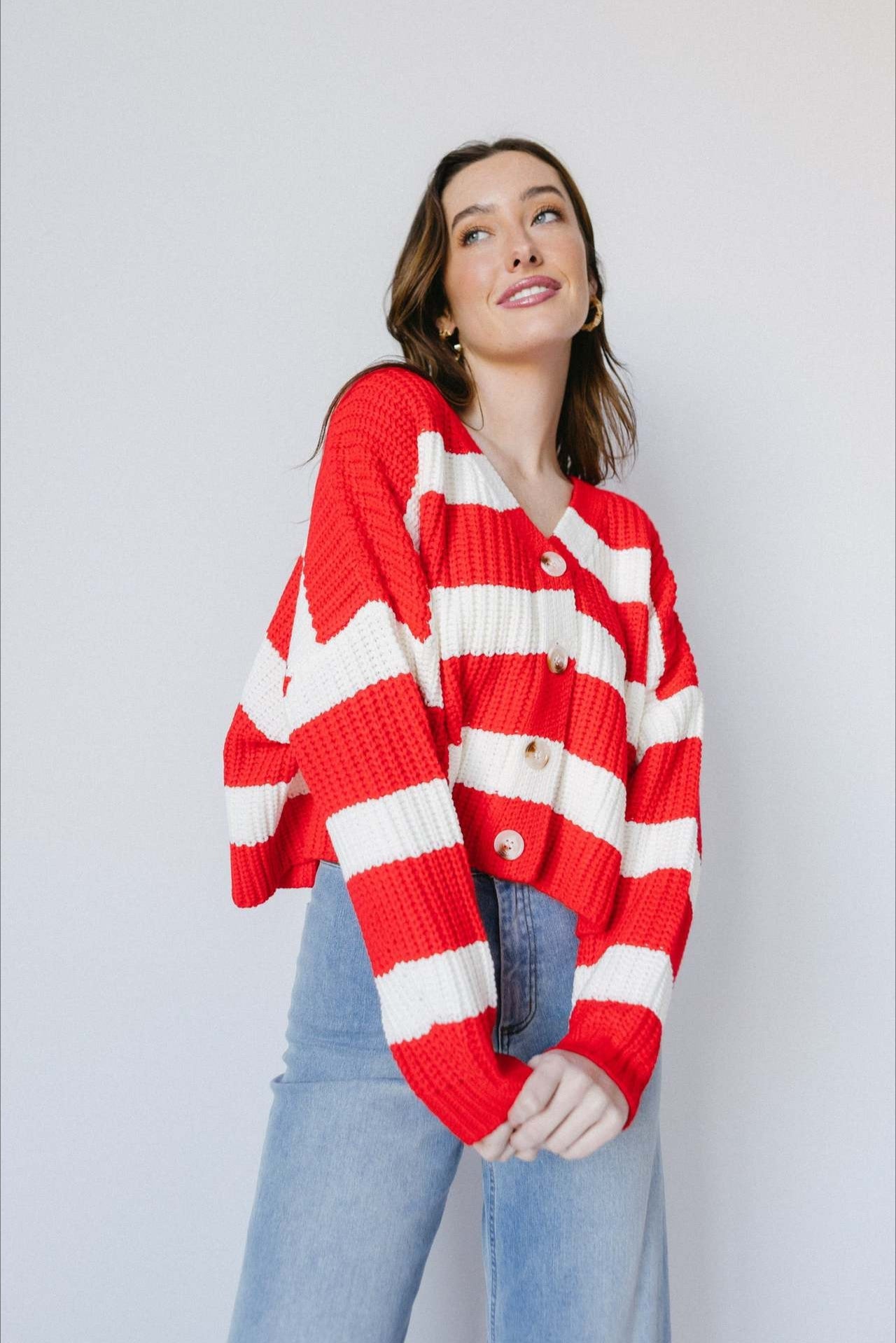 Loose Stripe V Neck Long Sleeve Knit Cardigan