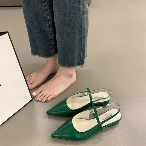 Sandalias de verano con punta puntiaguda para mujer, zapatos planos de tacón bajo a la moda, elegantes zapatos de oficina para exteriores, tipo mulas con tira trasera. 