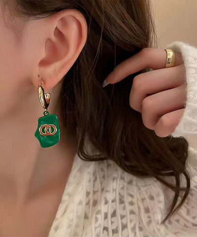 Art Green Copper Alloy Asymmetric Geometry Hoop Earrings