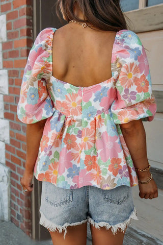 pink floral puff sleeve blouse