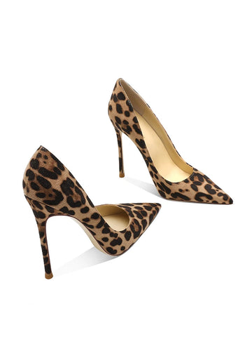 New suede leopard print high heels women's slim heels pointed toe single shoes fashionable and sexy shallow cut