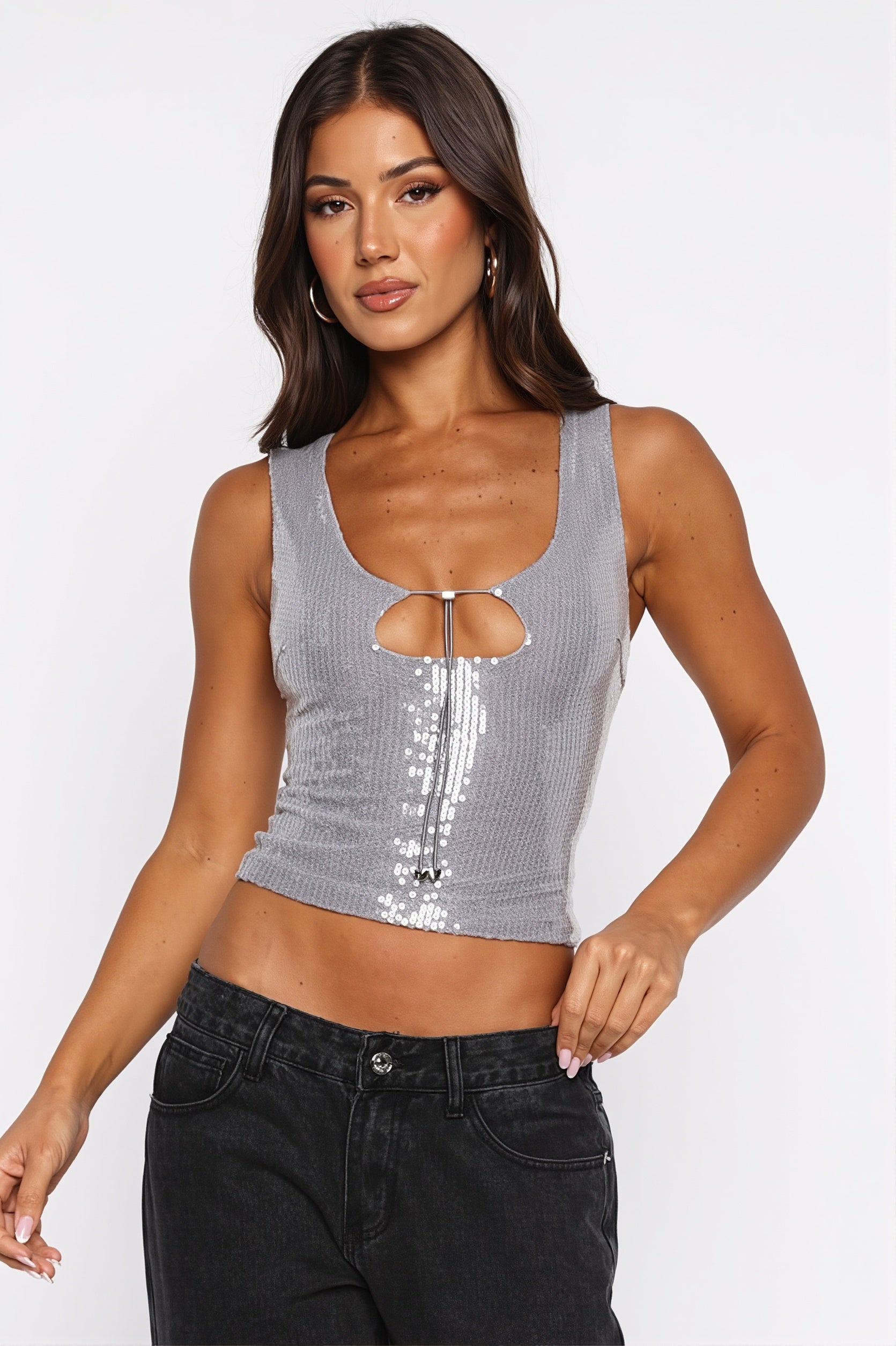 Sequin Cutout Lace-Up Slim Tank Top