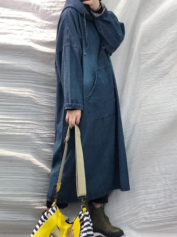 Vestido midi vintage de mezclilla suelta con capucha y cordón ajustable 