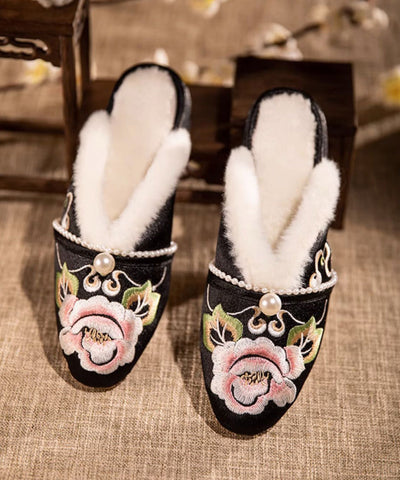 Retro Weiße Hausschuhe Schuhe Warme Fleece Spleißen Chunky Stickerei 