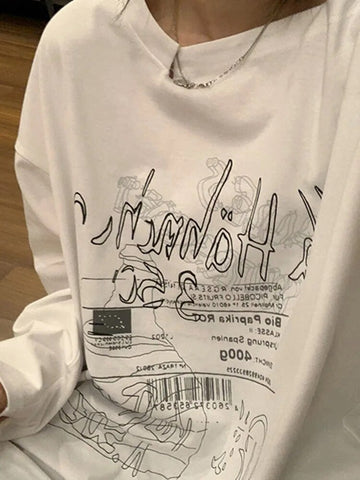 Y2K T-shirt Fairy Grunge 2024 Vintage Letter Print Tops Black Autumn Off Shoulder Long Sleeved Korean Tees Loose Harajuku Shirt